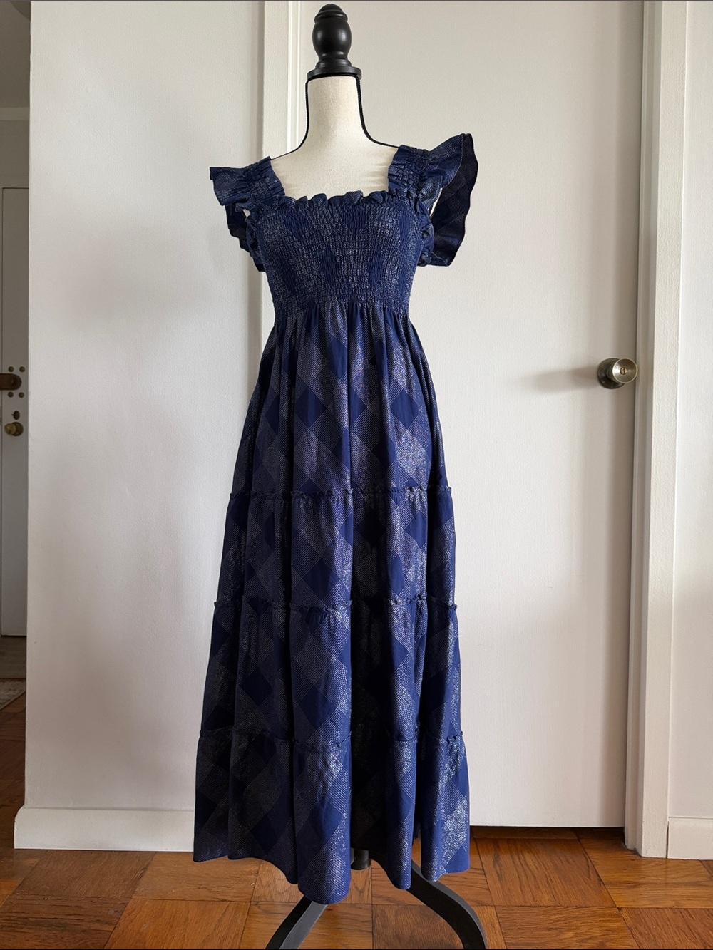 Hill House Navy Smocked Maxi Dress with Ruffle Sleeves